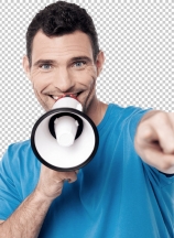 Casual man proclaiming into megaphone, advertising.